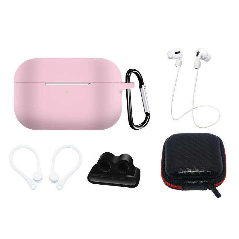 SILICONE CASE SET FOR AIRPODS PRO 2 / AIRPODS PRO 1 + CASE / EAR HOOK / NECK STRAP / WATCH STRAP HOLDER / CARABINER - PINK