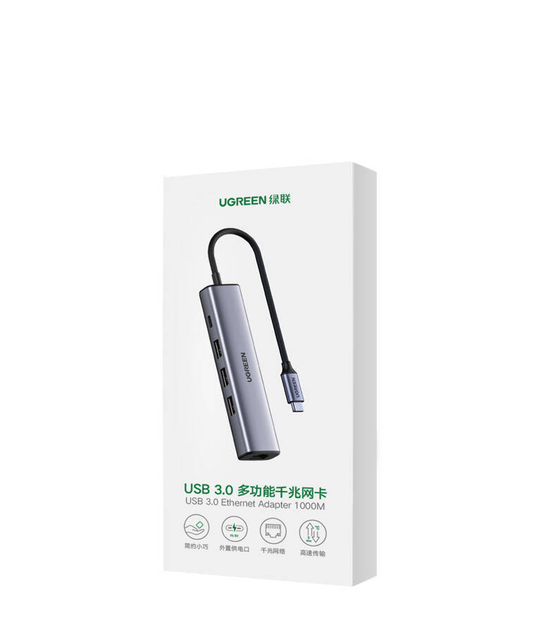 UGREEN MULTIFUNCTIONAL ADAPTER HUB USB TYPE C - 3 X USB / ETHERNET RJ-45 / USB TYPE C PD GRAY (CM475)