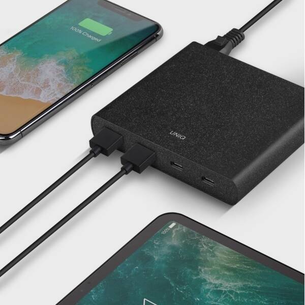 UNIQ Ład. siec. HUB Surge 90W czarny /charcoal black 2xUSB Quick Charge 3.0 + 2xUSB-C PD 3.0 (LITHOS Collective)