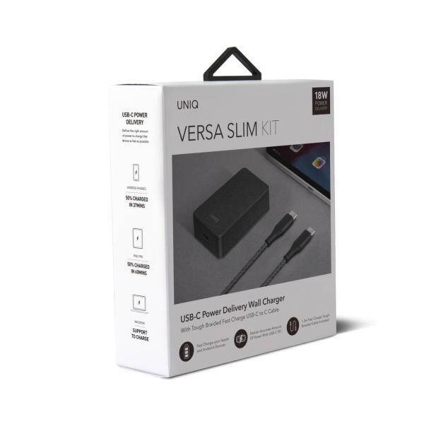 UNIQ Ład. siec. Versa Slim  USB-C PD 18W + kabel USB-C na USB-C czarny/charcoal black (LITHOS Collective)