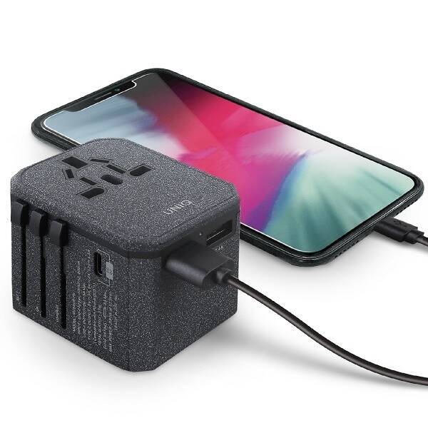 UNIQ Ład. siec. Voyage World Adapter 33W + 2xUSB + PD 18W + QC 3.0 szary/charcoal grey (LITHOS Collective)