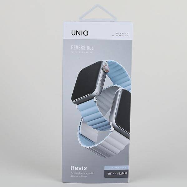 UNIQ pasek Revix Apple Watch Series 1/2/3/4/5/6/7/8/9/SE/SE2/Ultra/Ultra 2 42/44/45/49mm. Reversible Magnetic biały-niebieski/white-blue