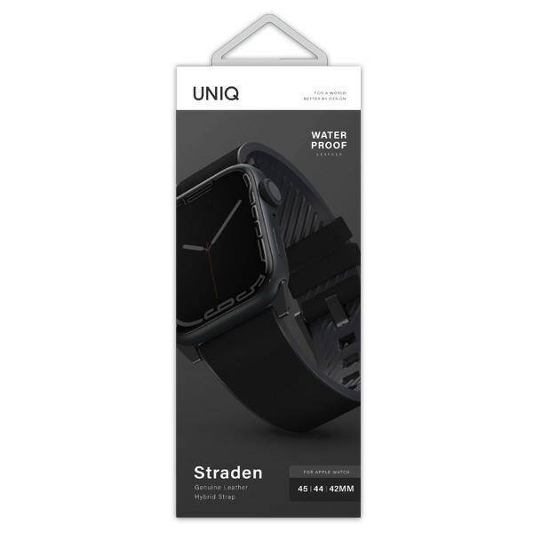 UNIQ pasek Straden Apple Watch Series     1/2/3/4/5/6/7/8/9/10/SE/SE2/Ultra/Ultra 2 42/44/45/49mm. Leather Hybrid Strap czarny/black