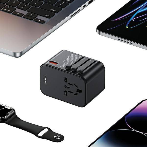 USAMS Adapter siec 1xUSB+2xUSB-C T62 65W 4w1 US/AU/EU/UK czarny/black CC199TC01 (US-CC199) Univesal Travel Charger