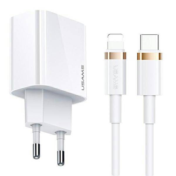 USAMS ŁAD. SIEC. 1XUSB-C T34 20W 5V-3A PD3.0 + KABEL U63 USB-C DO LIGHTNING 20W BIAŁY /WHITE T49OCLN01