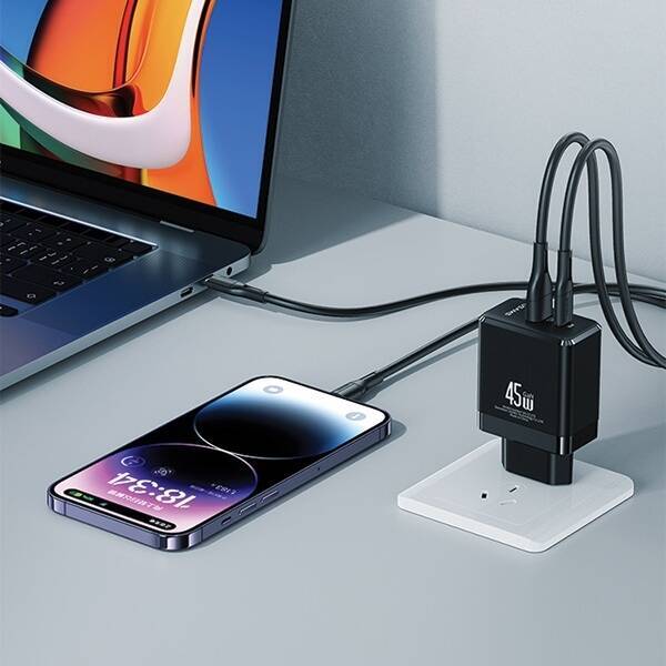 USAMS Ład. siec. 1xUSB-C+1xUSB 45W (only head) GaN PD3.0 +QC3.0 Fast Charging czarny/blackCC178TC01 (US-CC178)