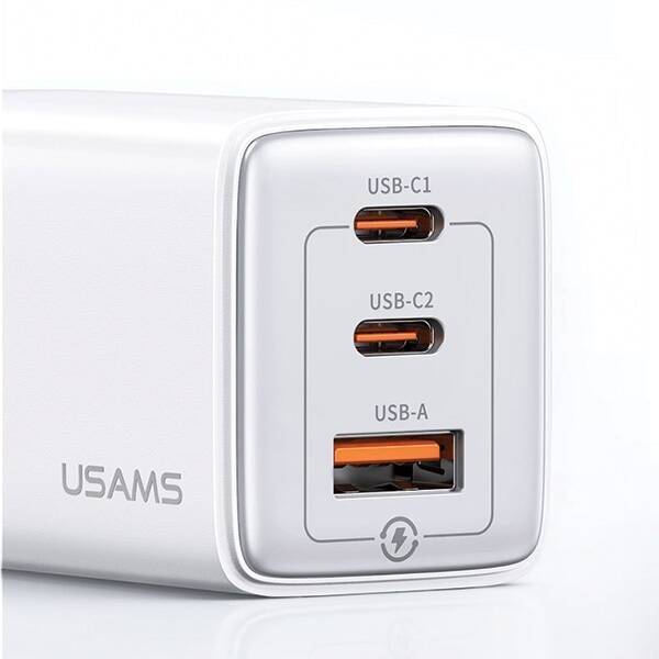 USAMS Ład. siec. 2xUSB-C+1xUSB 65W (only head) GaN PD3.0 +QC3.0 Fast Charging biały/white Sandru Series CC180TC02 (US-CC180)