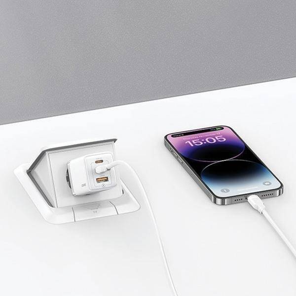 USAMS Ład. siec. 2xUSB-C+1xUSB 65W (only head) GaN PD3.0 +QC3.0 Fast Charging biały/white Sandru Series CC180TC02 (US-CC180)