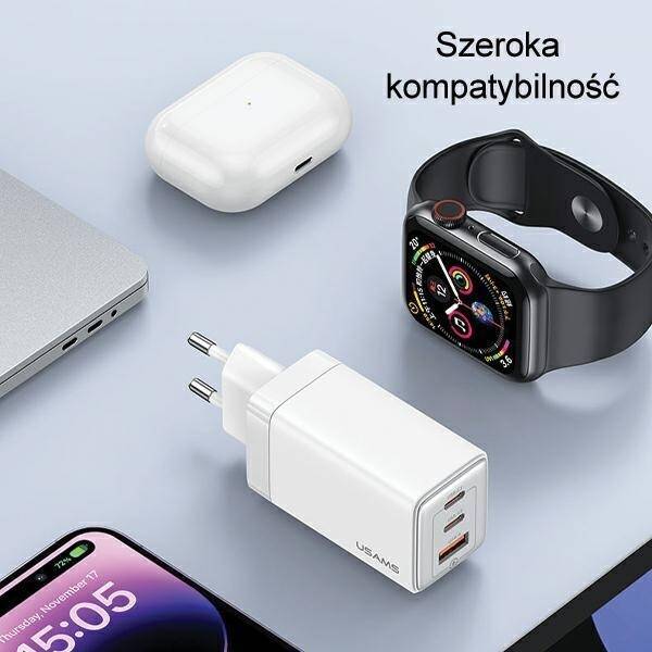 USAMS Ład. siec. 2xUSB-C+1xUSB 65W (only head) GaN PD3.0 +QC3.0 Fast Charging biały/white Sandru Series CC180TC02 (US-CC180)