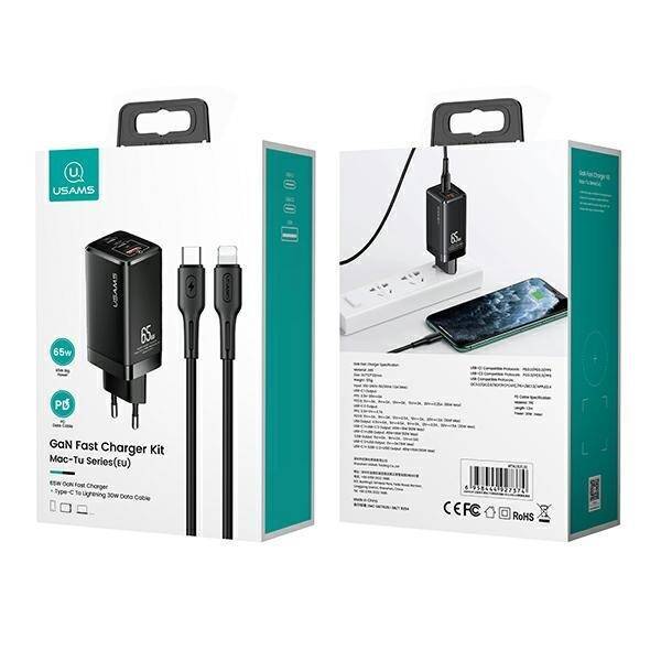 USAMS Ład. siec. MT 2xUSB-C+USB GaN 65W T33 PD + kabel USB-C-Lightning 30W Fast Charging czarny/black MTXLOGTL01