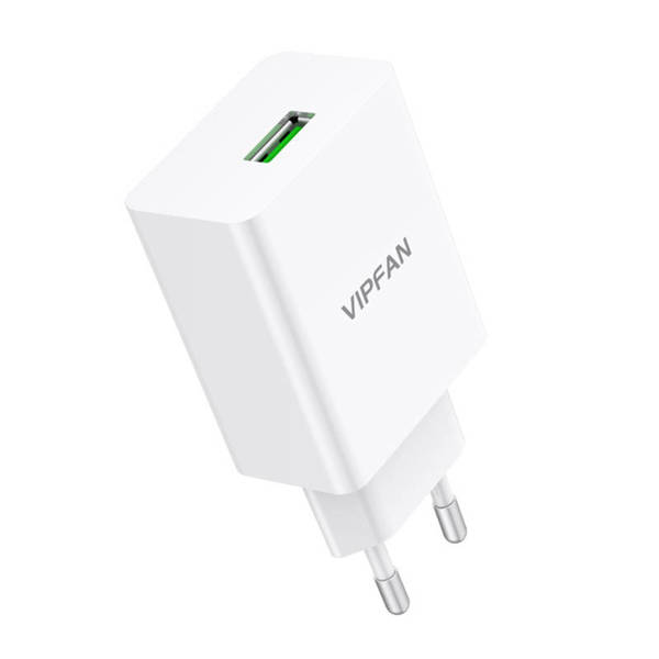 VIPFAN E03 WALL CHARGER, 1X USB, 18W, QC 3.0 + MICRO USB CABLE (WHITE)