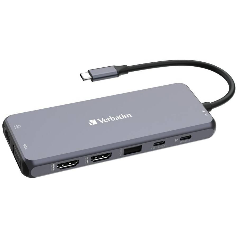 Verbatim Adapter Hub USB-C - 2xHDMI/VGA/  Eternet/5xUSB-A/Jack 3.5mm/2xUSB-C/SD/microSD aluminiowy/aluminum 32154