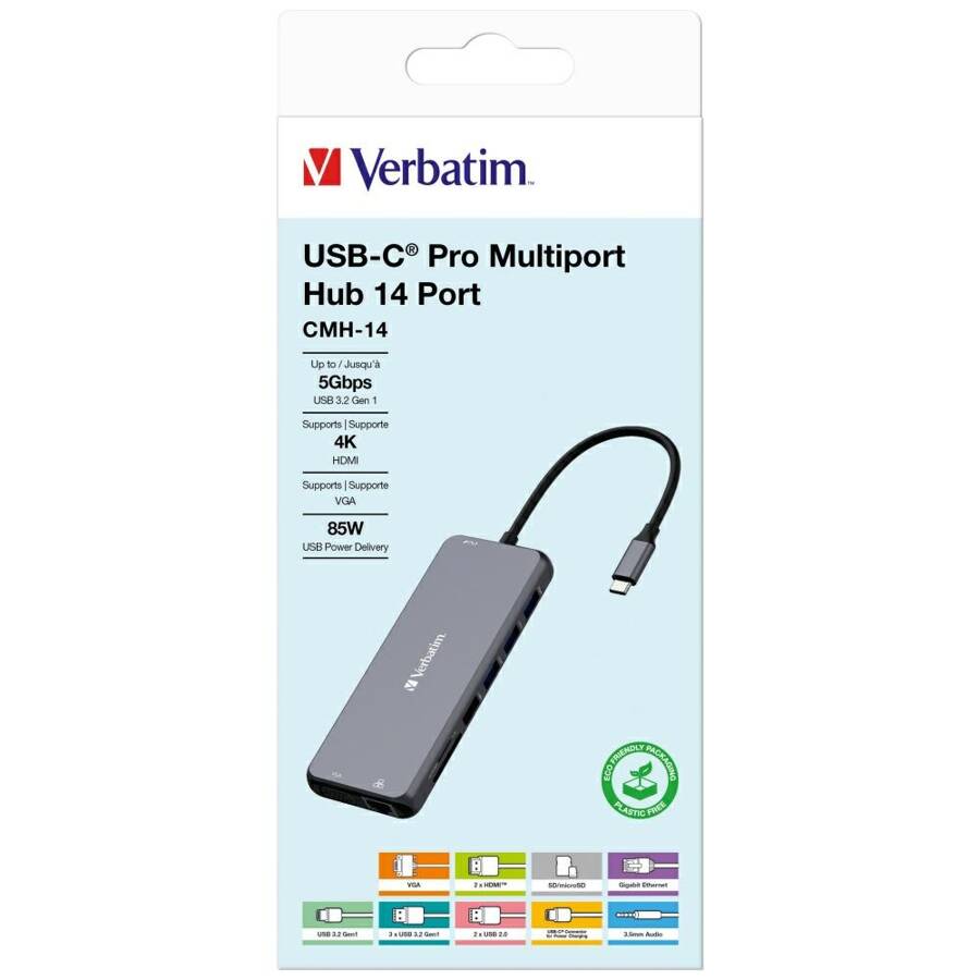 Verbatim Adapter Hub USB-C - 2xHDMI/VGA/  Eternet/5xUSB-A/Jack 3.5mm/2xUSB-C/SD/microSD aluminiowy/aluminum 32154