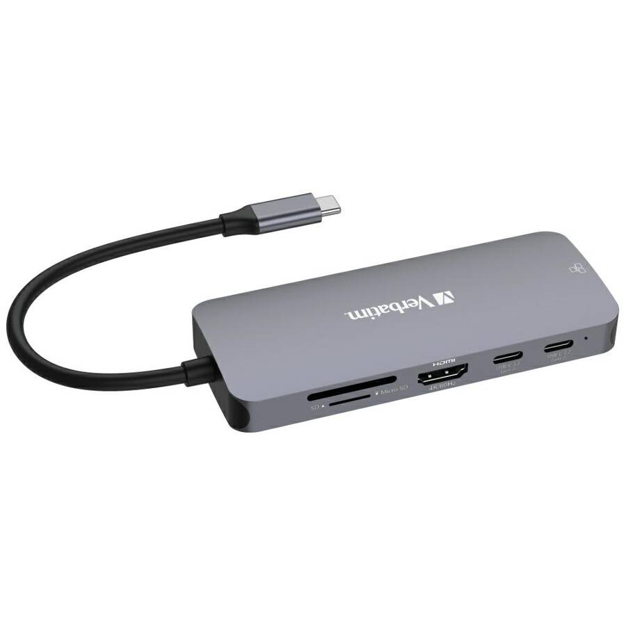 Verbatim Adapter Hub USB-C - HDMI/        3xUSB-A/SD/microSD/2xUSB-C/Eternet aluminiowy/aluminum 32152