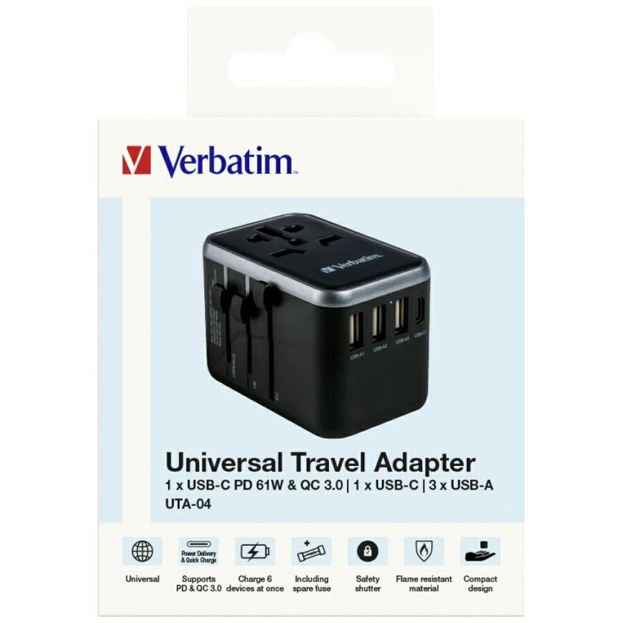 Verbatim Adapter podróżny EU/UK/US 3xUSB-A/2xUSB-C PD 61W UTA-04 czarny/black 49546