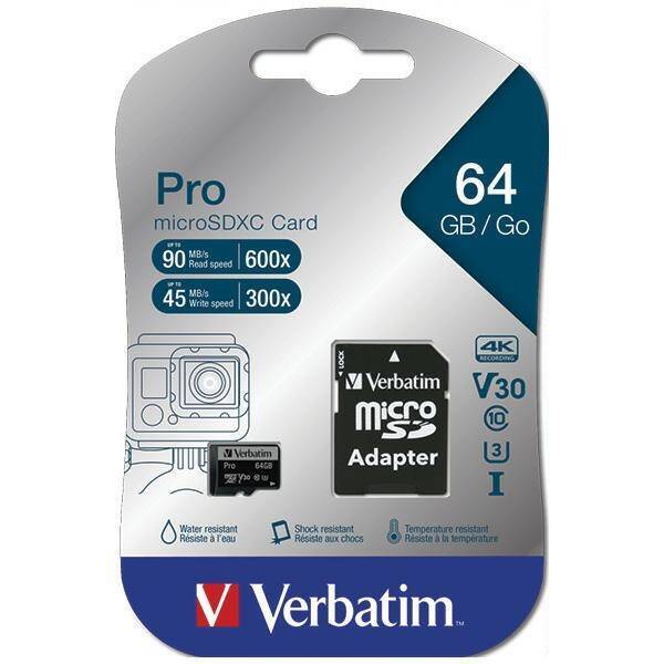 Verbatim Karta microSD 64GB + adapter Pro U3 czarny/black 47042