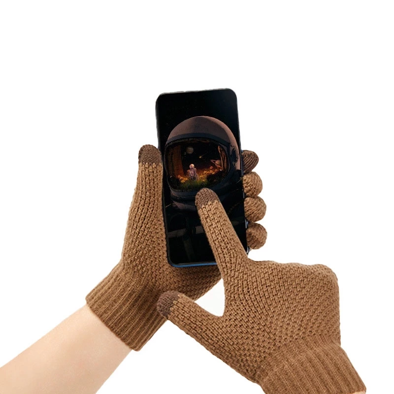 WINTER BRAIDED PHONE GLOVES - BROWN