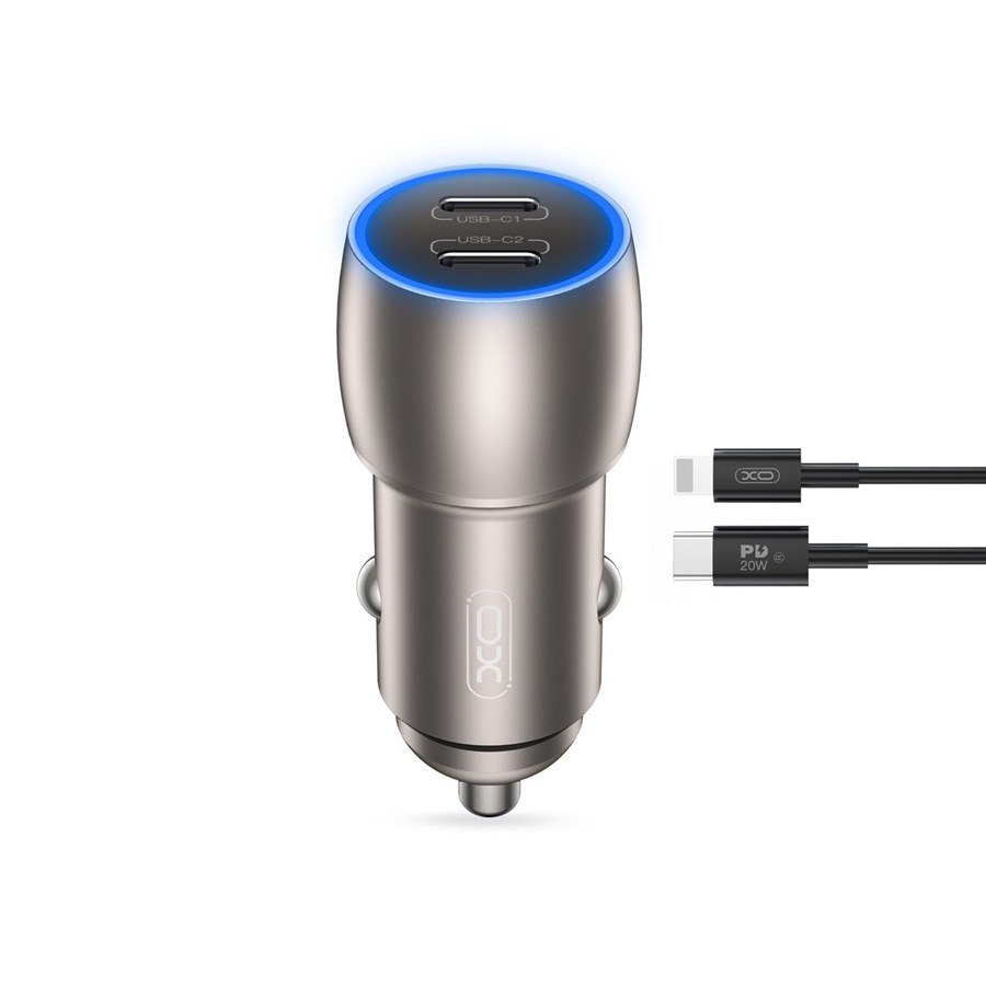 XO CC51 PD 40W 2x USB-C Gray Cable USB-C-Lightning car charger