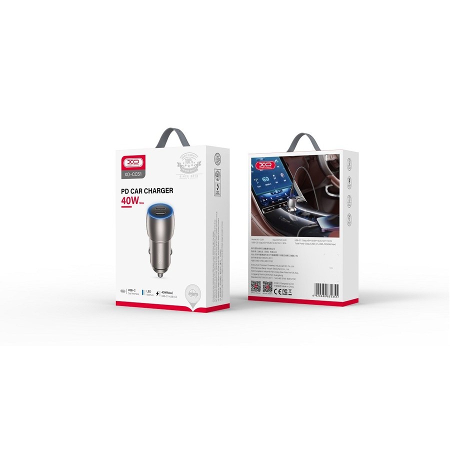 XO CC51 PD 40W 2x USB-C Gray Cable USB-C-Lightning car charger