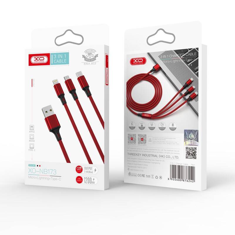 XO Cable NB173 3in1 USB - Lightning + USB -C + MicroUSB 1.2 m 2.4a red