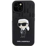 KARL LAGERFELD KLHCP15SSAKKNSCK IPHONE 15/14/13 6.1 "BLACK / BLACK HARDCASE SAFFIANO CARDSLOTS AND STAND MONOGRAM IKONIK PATCH