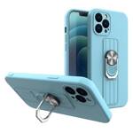 RING CASE SILICONE CASE WITH FINGER GRIP AND STAND FOR IPHONE 12 MINI LIGHT BLUE