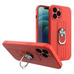 RING CASE SILICONE CASE WITH FINGER GRIP AND STAND FOR IPHONE 12 PRO RED