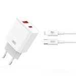 XO CE12 PD QC 3.0 20W 1x USB 1x USB-C PD charger white + USB-C cable-Lightning