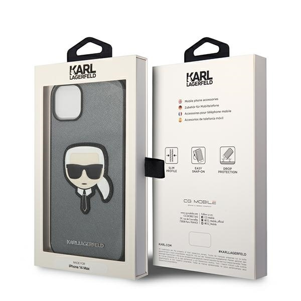 KARL LAGERFELD KLHCP14SSAPKHG IPHONE 14 / 15 / 13 6,1" SREBRNY/SILVER HARDCASE SAFFIANO KARL`S HEAD PATCH