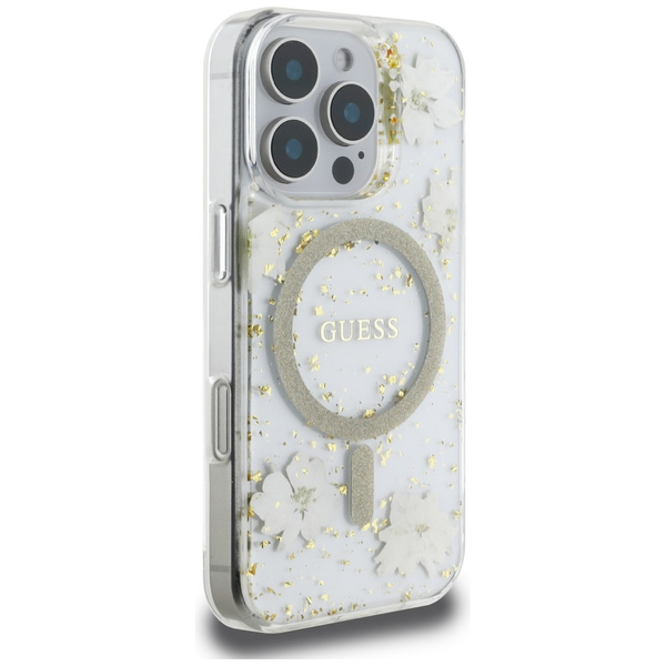 Etui Guess Resin Flowers Glitter MagSafe do iPhone 16 Pro beżowy