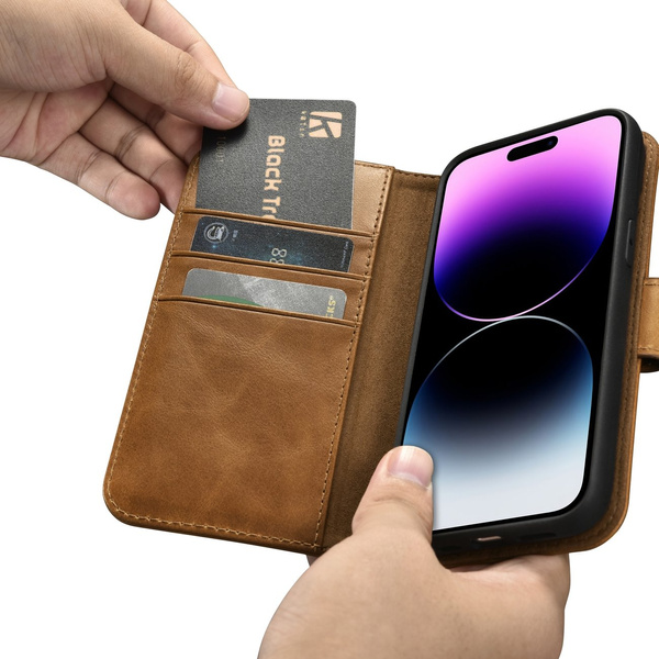 iCarer Oil Wax Wallet Case 2in1 Cover iPhone 14 Pro Anti-RFID Leather Flip Case Brown (WMI14220722-TN)