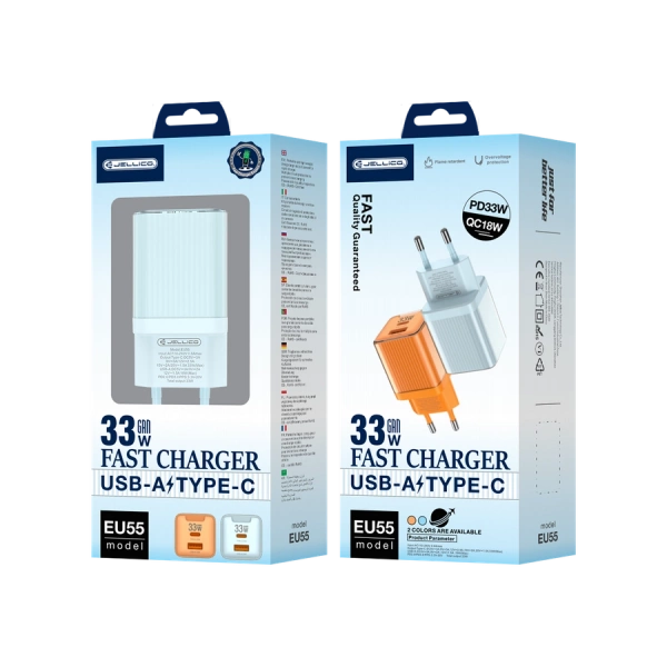JELLICO ładowarka sieciowa EU55 GaN PD 33W 1xUSB-C + 1xUSB QC3.0 Niebieski