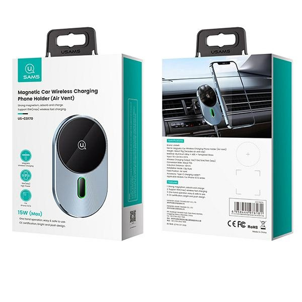USAMS Uchwyt indukcyjny Magnetic CarWireless Charging 15W do kratki went. szary/grey CD170DZ01 (US-CD170)
