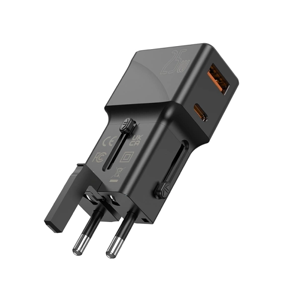 JELLICO uniwersalny adapter podróżny S6 PD 25W 1xUSB-C + 1xUSB QC3.0 Czarny