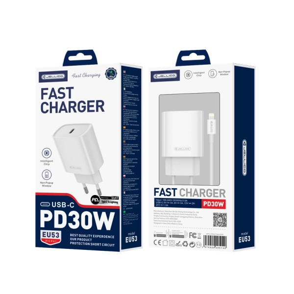 JELLICO wall charger EU53 PD 30W 1xUSB-C + cable USB-C - Lightning White