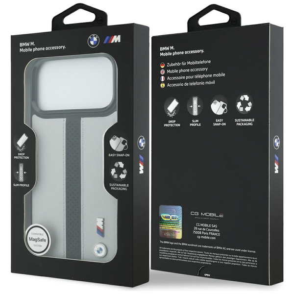 Etui BMW M Perforated Stripe Logo        MagSafe do iPhone 17 Pro Max szary
