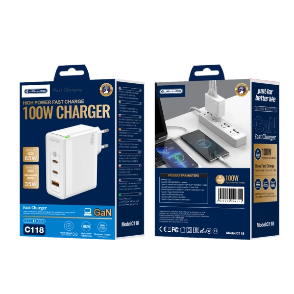 JELLICO wall charger C118 GaN PD 100W 2xUSB-C + 1xUSB QC3.0 White