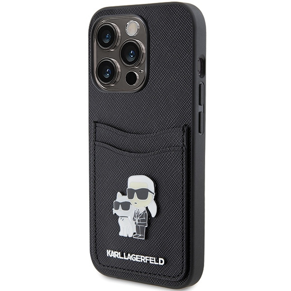 Karl Lagerfeld Saffiano Cardslot Karl&amp;Choupette Metal Pin case for iPhone 15 Pro - black
