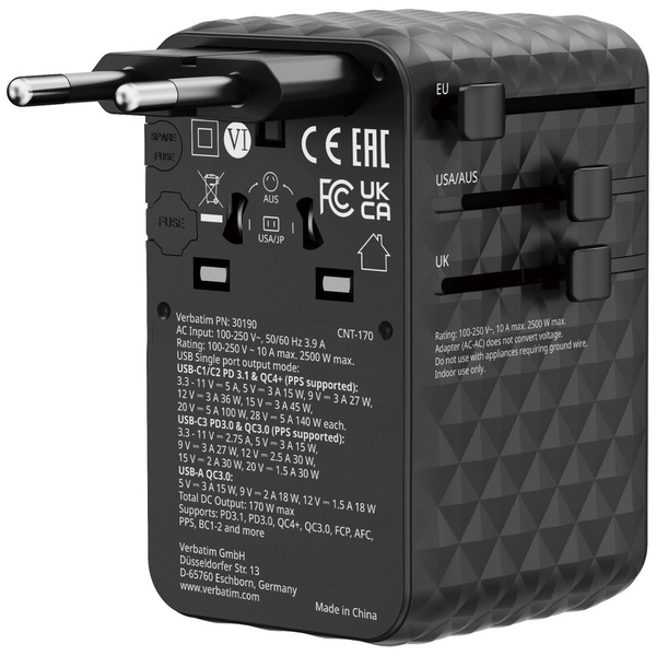 Verbatim Adapter podróżny EU/UK/US GaN   2xUSB-A/3xUSB-C PD 170W czarny 30190