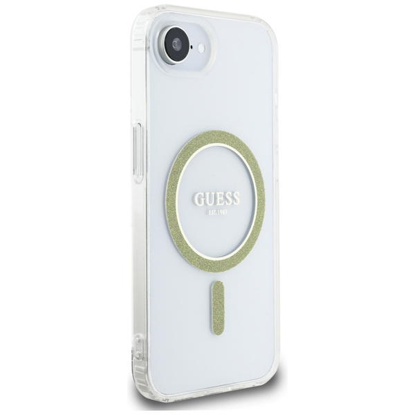 Etui Guess IML Glitter Circle MagSafe do iPhone 16e przezroczysty