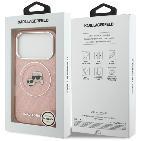 Etui Karl Lagerfeld IML Glitter Karl &   Choupette Heads Logo MagSafe do iPhone 17 Pro różowy