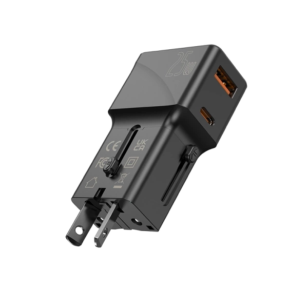 JELLICO uniwersalny adapter podróżny S6 PD 25W 1xUSB-C + 1xUSB QC3.0 Czarny