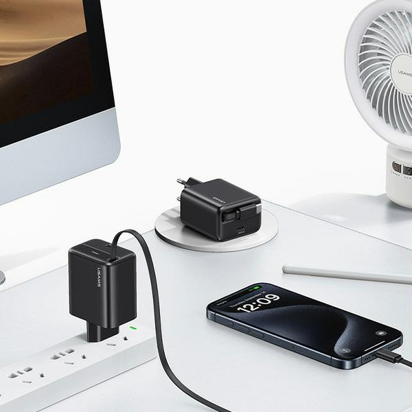 USAMS Ład. siec. 1xUSB-C ze zwijanym kablem USB-C Retractable PD+QC 20W Gan Fast Charging czarny/black YC Series CC233TC01 (US-CC233)