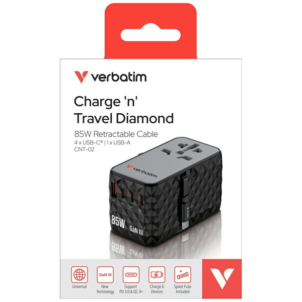 Verbatim Adapter podróżny EU/UK/US GaN   USB-A/3xUSB-C PD 85W CNT-02 czarny/black 32127