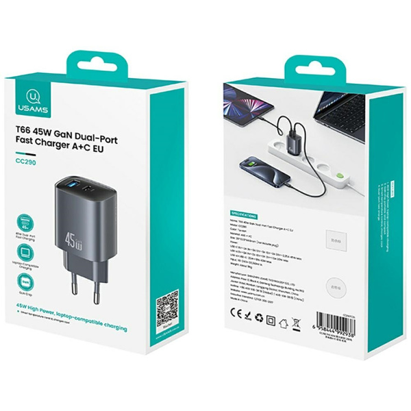 Ładowarka sieciowa USAMS CC290 T66 45W   GaN 1xUSB-A 1xUSB-C tarnish