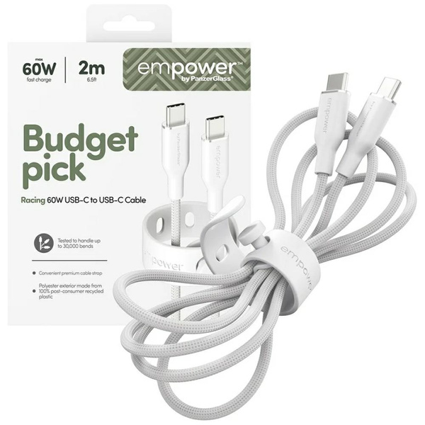 Kabel empower by PanzerGlass Racing 60W USB-C do USB-C 2m srebrno-biały