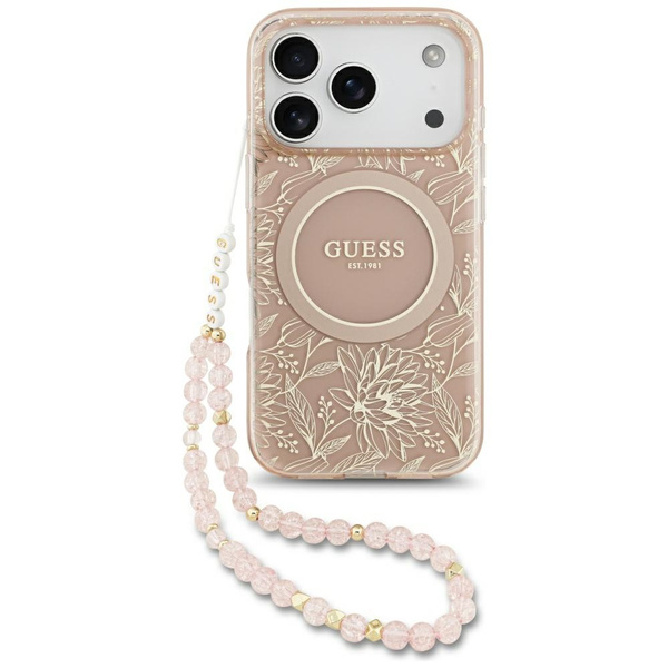 Etui Guess IML Flowers Electro Pearl     Strap MagSafe do iPhone 17 Pro różowy
