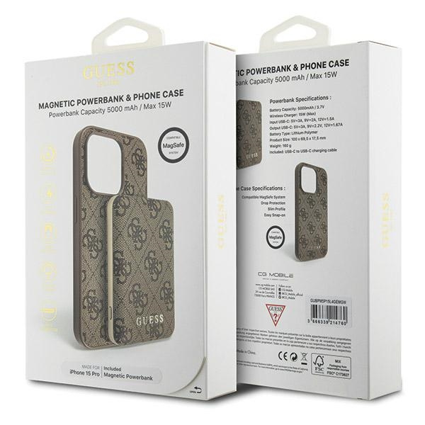 Zestaw Guess GUBPM5P15L4GEMGW iPhone15 Pro 6.1" hardcase + Powerbank 5000mAh MagSafe brązowy/brown 4G Metal Logo