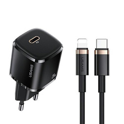 USAMS Ład. siec. 1xUSB-C T36 mini 20W + kabel USB-C-Lightning czarny/black PD3.0 Fast Charging XFKXLOGTL01 (US-CC124+US-SJ484)