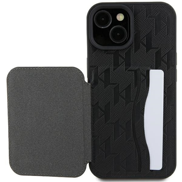 Etui Karl Lagerfeld Saffiano Cardslots and Stand Monogram Ikonik Patch do iPhone 15 - czarne